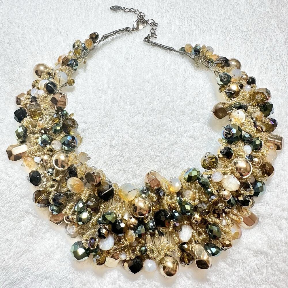 Aldo Champagne Gold Luxurious Ornate Statement Bib Beaded Necklace